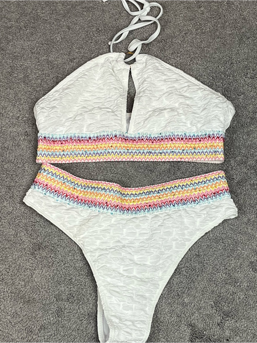 Textured White Two-Piece Bikini with Multicolor Crochet Trim